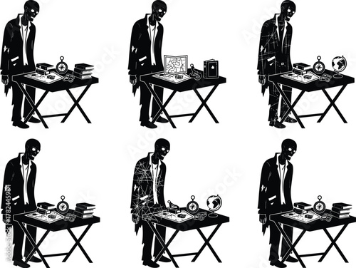 Dark mysterious man exploring maps and books on desk, gothic detective theme, noir style vector illustration, horror concept, exploration, mystery, and investigation art