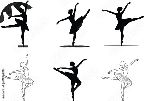 Elegant ballerina silhouettes performing classical ballet poses, vector illustration of graceful dance art, female dancer elegance, stage performance concept, creative artistic design element