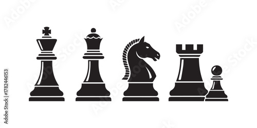 Set of chess vector icons. Black silhouette with chess. King, queen, pawn, horse and rook. Vector 10 Eps.
Set of chess vector icons. Black silhouette with chess. King, queen, pawn, horse and rook.
