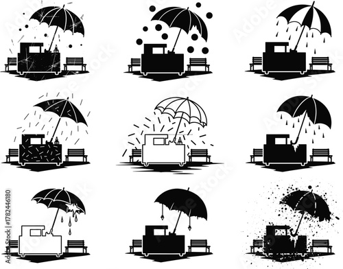Empty ice cream cart under umbrella in rain, street vendor concept, moody weather scene, solitude, summer nostalgia vector illustration design