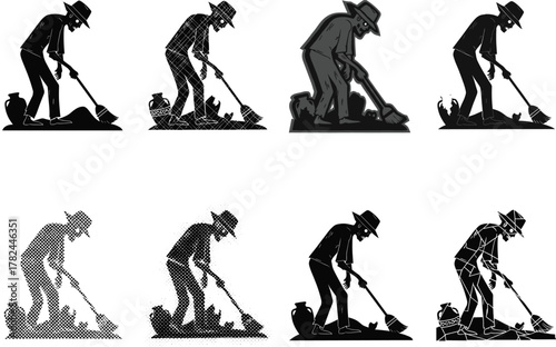 Farmer digging soil with shovel in field, black and white vector illustration, agriculture worker silhouette, rural labor concept, vintage farming art