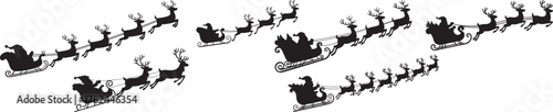 Santa claus and reindeer flying silhouettes vector art.
