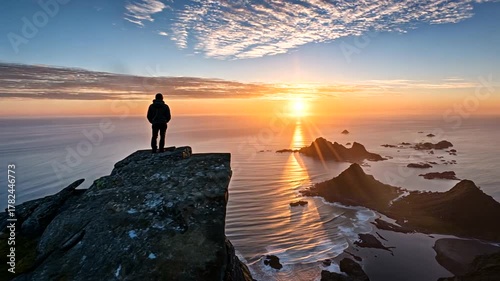 Figure on a cliff watches a dramatic ocean sunset over distant islands