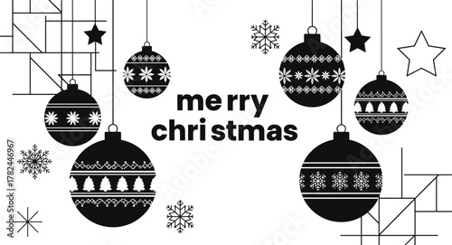 Black and white Christmas ornaments with snowflakes, stars, trees, festive decorations, holiday greeting, symmetrical design, seasonal vector illustration