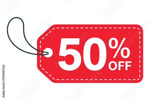Bright red sale tag announcing fifty percent off discount