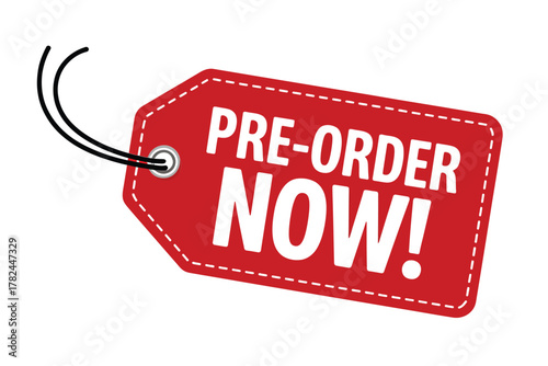 Bright red pre order now tag with white text