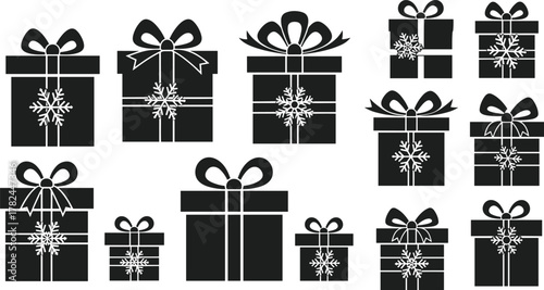 Black Christmas gift boxes with white snowflake decorations, festive ribbons, holiday packaging, winter celebration icons, elegant seasonal vector illustration