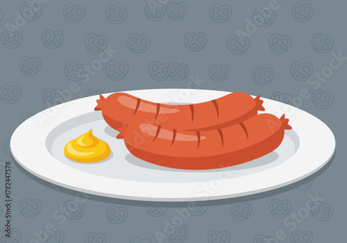 Vector illustration of two delicious grilled sausages served on a white plate with a side of yellow mustard for a classic meal
