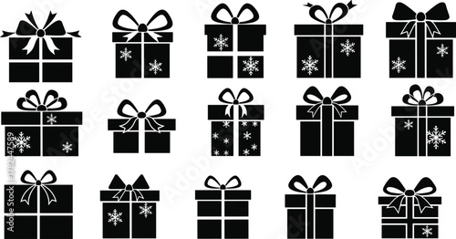 Black gift box icons with snowflakes and ribbons for winter, Christmas, holiday packaging, festive decoration, seasonal vector design set