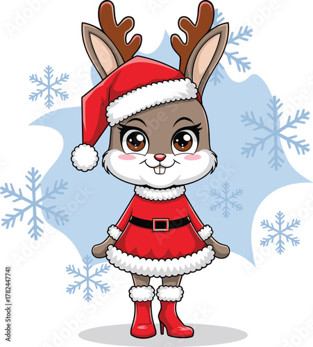 A cute cartoon bunny wearing a red Santa dress with a matching Santa hat and reindeer antlers.