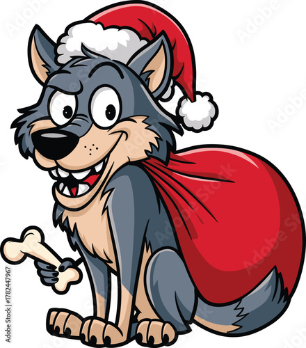 A cartoon wolf with a sly grin  wearing a red Santa sack over its shoulder  holding a shiny bone in its paw. The wolf has a playful yet mischievous expression ideal for a fun, festive holiday illustra