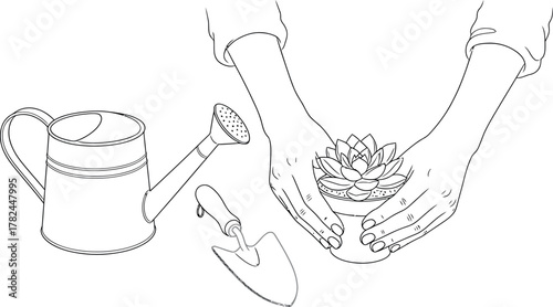 Gardening Line Art: Hands Holding Succulent with Watering Can and Trowel Outline Illustration