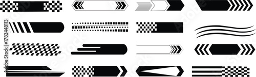 Racing care and race car stripes set. Checkered flag, start and finish line, motocross labels, dynamic lines, motoresport, racing stripe speed, sport decals, tuning stickers, speed motion elements 