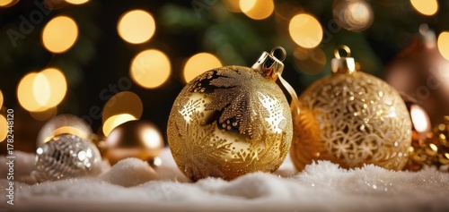 golden christmas baubles on snow festive decor banner space concept of retail, copy space