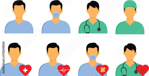 Comprehensive vector icon set showcasing diverse healthcare professionals. Avatars of medical staff, including doctors and nurses, with various medical equipment and protective gear