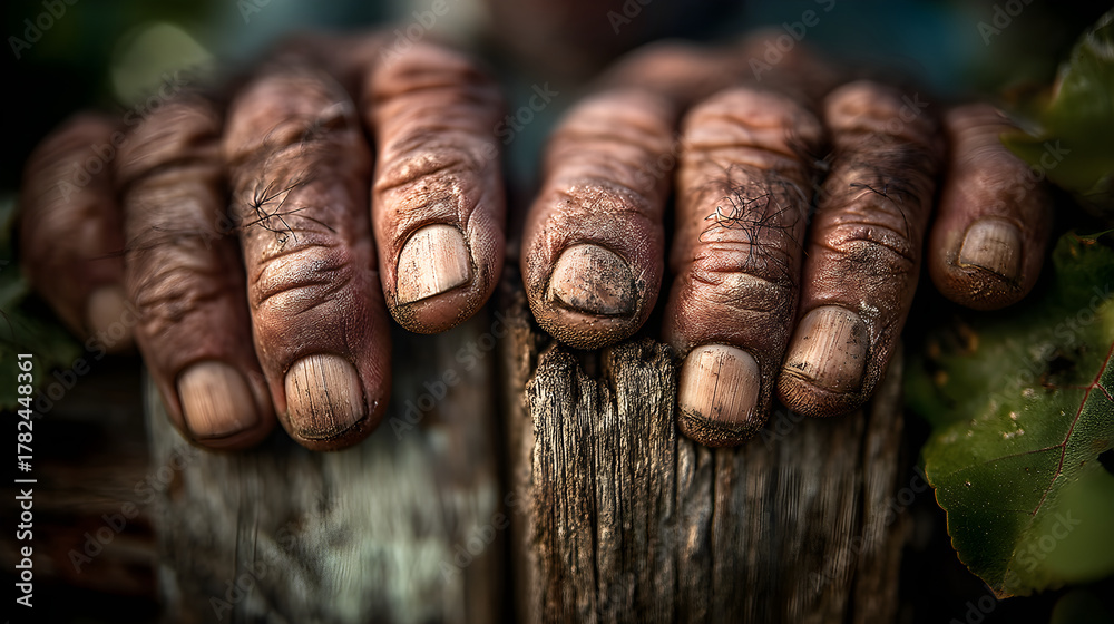 Obraz premium Weathered hands grasping wooden post symbolizing hard work and enduring life