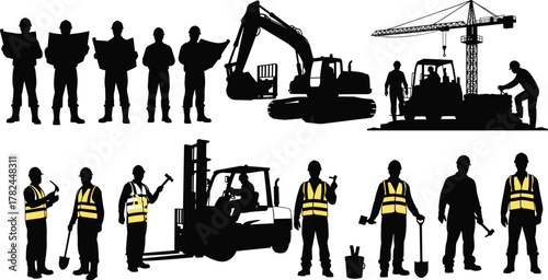 Construction workers and heavy equipment silhouettes on site with tools, machinery, teamwork, safety gear, crane, forklift, excavator, industrial activity