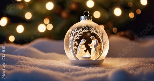 nativity ornament on snow, lights, concept of holiday, religion, banner, copyspace