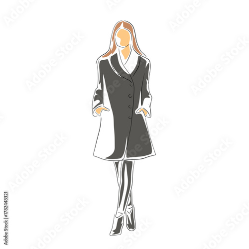Isolated vector illustration of a slim beautiful woman walking in a coat and high heel boots, front view. Fashionable female figure in thin line art with flat color fill