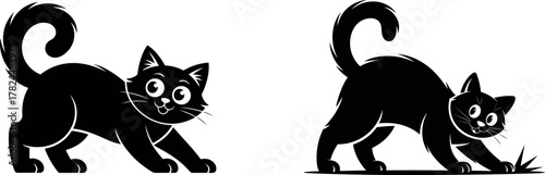 Cute Black Cat Pouncing Stance Set - Simple Halloween Cartoon Vector Illustration