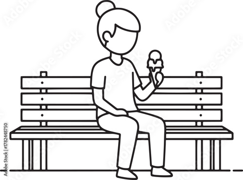 Line Art Illustration of Woman Sitting on Park Bench Eating Ice Cream Cone
