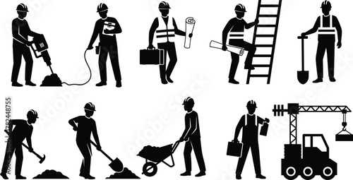 Construction workers in safety gear performing various tasks with tools, equipment, blueprints, and machinery on site – vector silhouette set