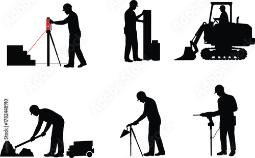 Construction workers operating tools and machinery on site, excavation, drilling, surveying, teamwork, labor, safety, industrial job, vector illustration