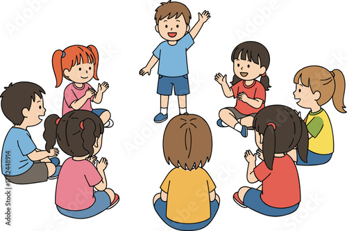 Cartoon children playing group game in circle, cheerful kids interaction, fun classroom activity illustration for education, daycare or childhood development concept