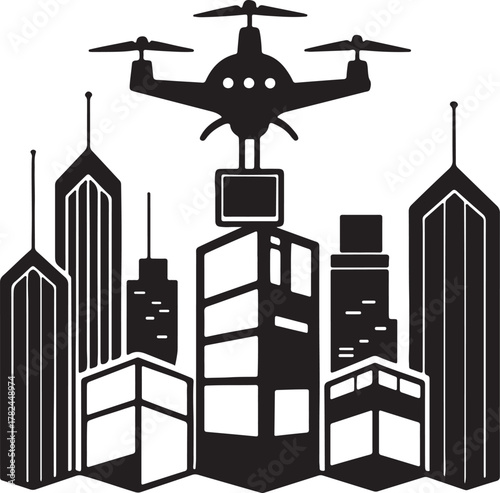 Futuristic drone delivering packages between skyscrapers silhouette design
