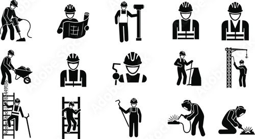 Construction Workers Silhouette Icons Set with Tools, Equipment, Safety Gear, Manual Labor Activities for Industrial, Maintenance, and Engineering Design