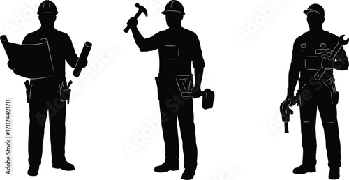 Construction workers silhouette with tools, hard hats, teamwork, safety gear, industrial labor, power drill, blueprint, hammer, wrench, toolbox, vector illustration