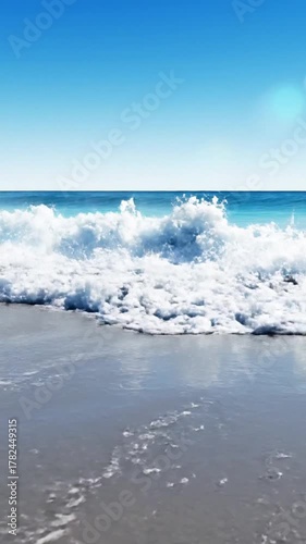 Ocean wave crashing on sandy shore under bright sunny sky with copy space