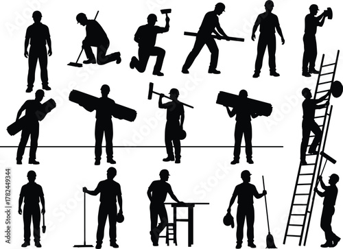 Construction workers silhouettes performing various tasks including cleaning, climbing, lifting, hammering, and maintenance in industrial and manual labor scenes