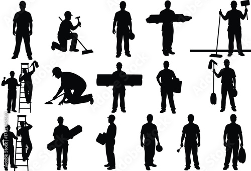 Construction workers silhouettes performing various tasks with tools, ladders, and equipment for maintenance, labor, repair, cleaning, and building scenes.