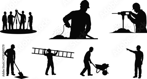 Construction workers silhouettes performing various tasks with tools, teamwork, labor, equipment, and machinery on site for industrial vector illustration