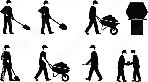 Construction workers silhouettes with shovel, wheelbarrow, teamwork, labor icons, site equipment, industrial tools, vector illustration for building and maintenance themes