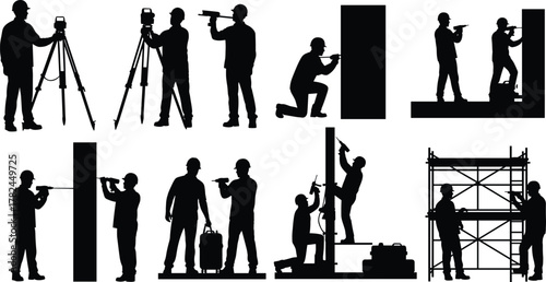 Construction workers silhouettes with surveying equipment, scaffolding, inspection tasks, teamwork, maintenance, engineering tools, civil site activities, vector illustration set