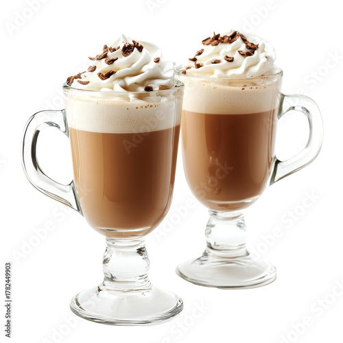 Delicious coffee topped with whipped cream and chocolate shavings on a bright transparent background, glasses of coffee with whipped cream on transparent background