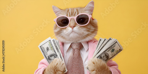 Ginger cat in pink suit holding dollar bills