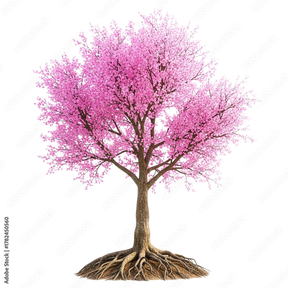 Fototapeta premium A beautiful blooming cherry blossom tree with vibrant pink flowers, isolated on transparent background