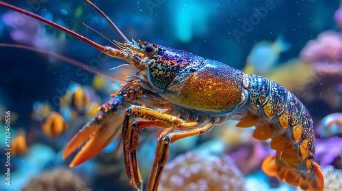 Vibrant marine crustacean floats in brilliantly lit aquatic environment
