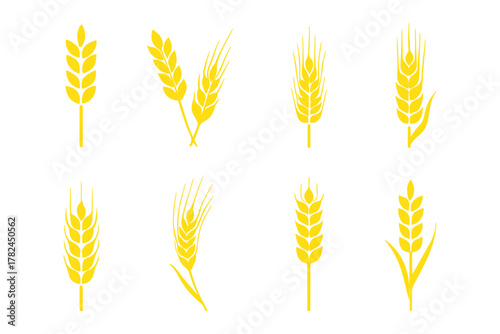 set of wheat ears, Wheat Ears Silhouette Set, A collection of eight black vector icons depicting various styles of wheat and rye ears with stalks, wheat icon, Grey Cereals icon set with rice, wheat.