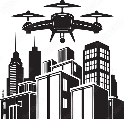 Futuristic drone delivering packages between skyscrapers silhouette design
