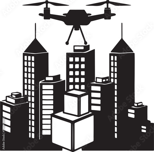 Futuristic drone delivering packages between skyscrapers silhouette design
