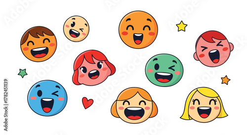 Whimsical collection of cartoon faces expressing joy and delight for social media usage