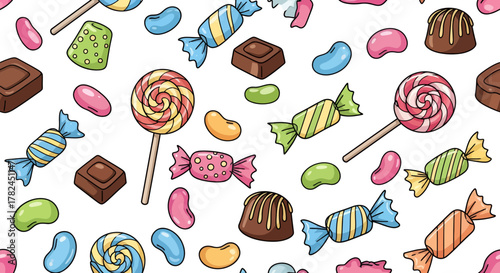 Whimsical confectionery delights: a delightful pattern of cartoon candies for festive occasions