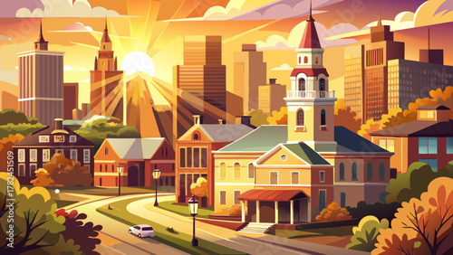 Very beautiful morning sunlight illuminating church and historic building architecture in the Mount Vernon neighborhood of Baltimore, Maryland, USA, with warm tones, clean details, and a realistic pea