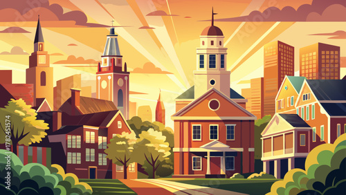 Very beautiful morning sunlight illuminating church and historic building architecture in the Mount Vernon neighborhood of Baltimore, Maryland, USA, with warm tones, clean details, and a realistic pea