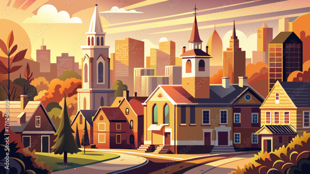 Fototapeta premium Very beautiful morning sunlight illuminating church and historic building architecture in the Mount Vernon neighborhood of Baltimore, Maryland, USA, with warm tones, clean details, and a realistic pea