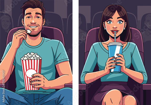 Happy young couple enjoying movie in cinema theater, eating popcorn and drinking soda, relaxing together, entertainment concept, flat vector illustration, fun mood
